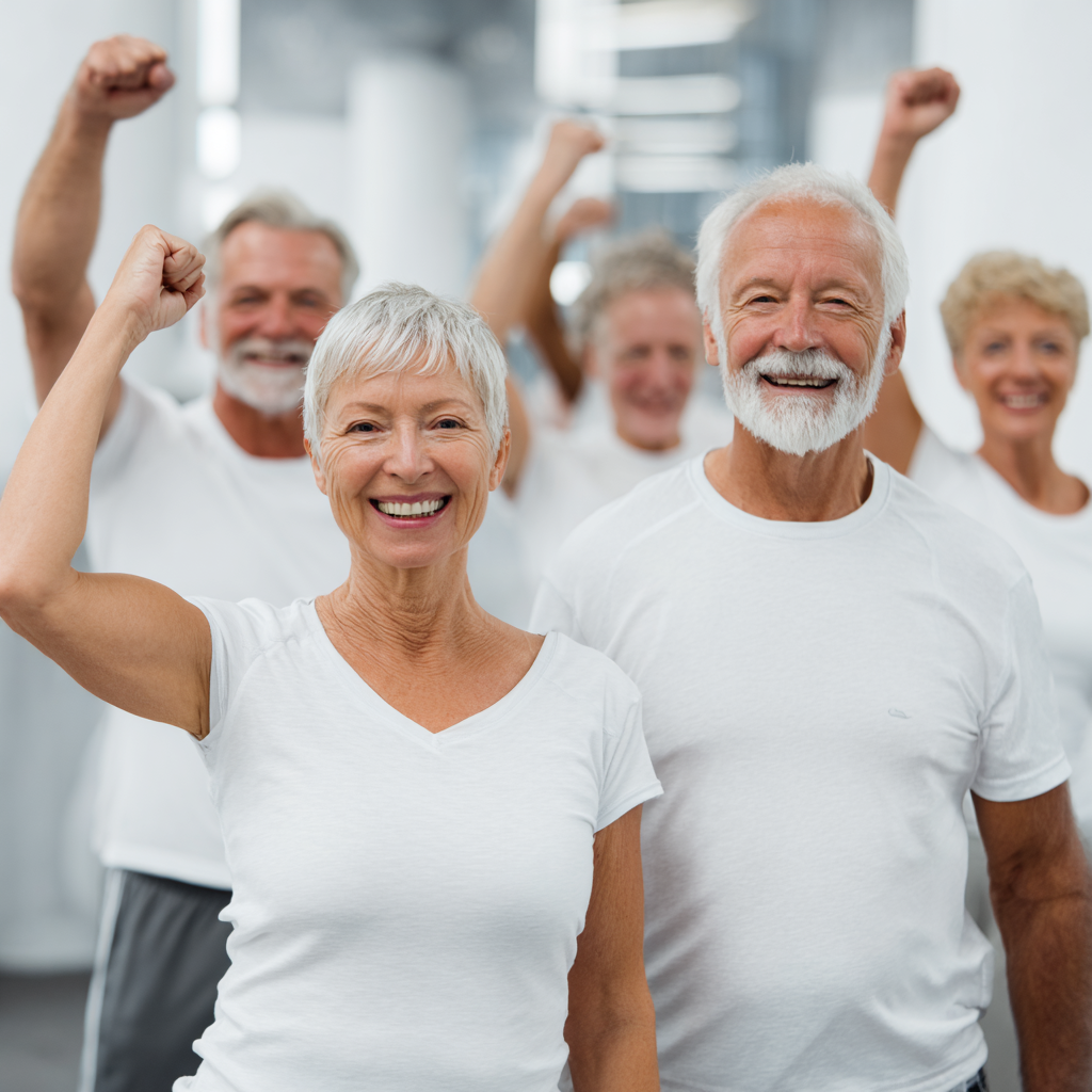 group of white ukraniane middle-aged and senior adults celebrating fitness achievements together